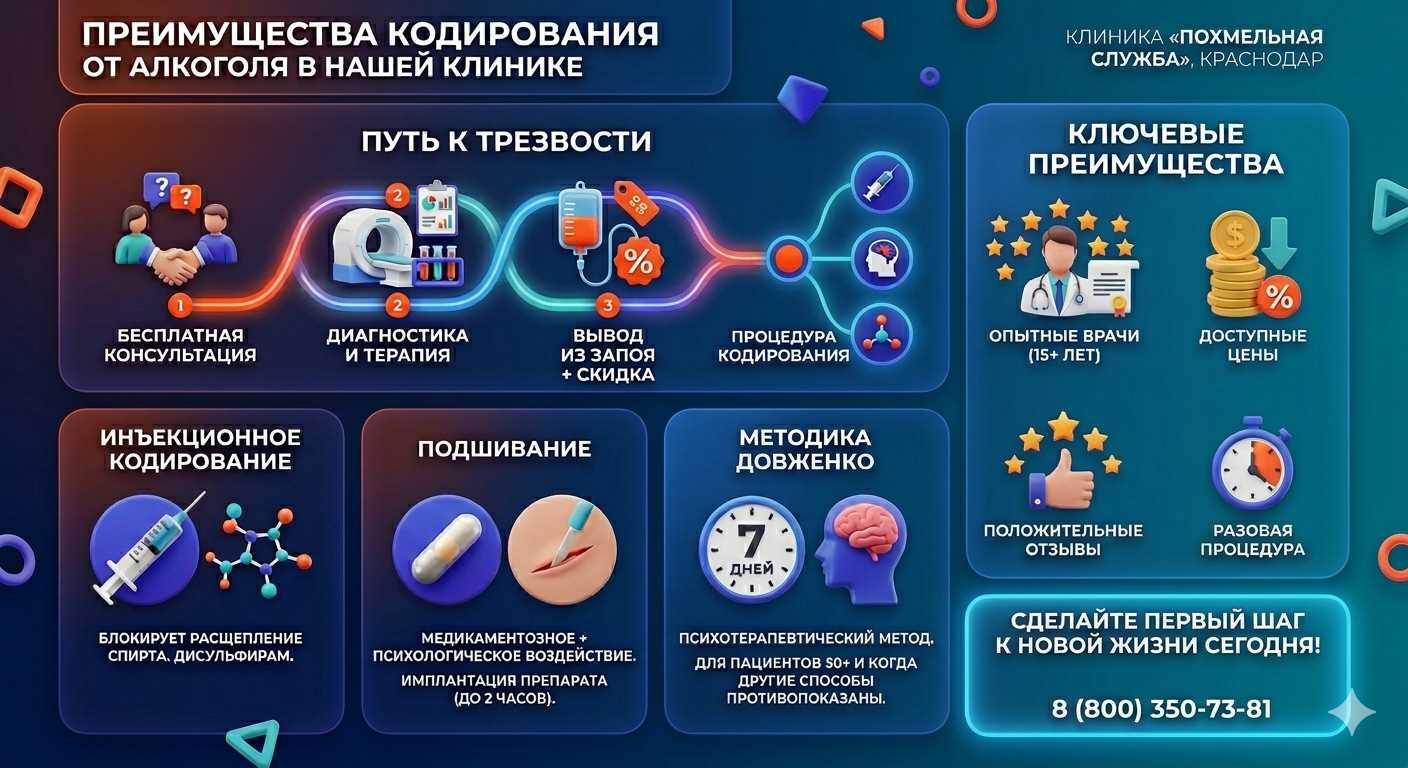 Инфографика о методах кодирования от алкоголя в Бутурлиновке: инъекции, подшивание, метод Довженко. Преимущества клиники и этапы лечения.